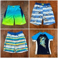 Swim Shorts Boys Size 6/7 4 Pc Lot Rash Guard Shirt Blue Sharks, B 34