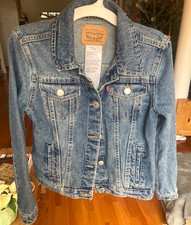 LEVI'S GIRLS JEAN JACKET-YOUTH SIZE LARGE-METAL BUTTON-BLUE DENIM COTTON-PREOWNE