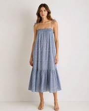 Ulla Johnson Blue Diamond Smocked Tiered Silk Midi Dress Womens Size 6