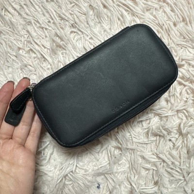 Vintage Coach Black Leather Zip Mirror Cosmetic Case Bag New Old 