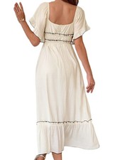 Damen Kurzarm Midikleid Quadratischer Ausschnitt Kontrastfarbe Lässiges Ric2255