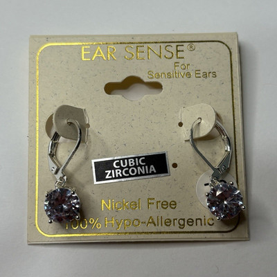 Ear Sense Silver/White CZ Round Dangle Earrings Leverback Metal Hypoallergenic