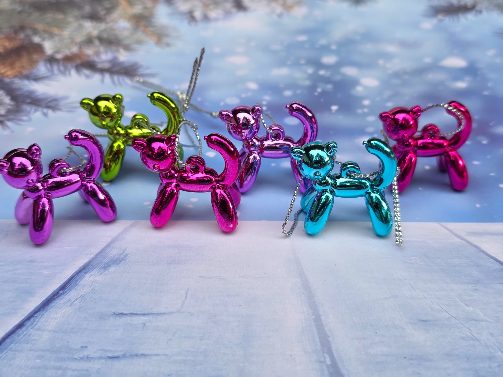 (6) mini 1.5" tall plastic balloon animal cat Christmas ornaments multicolor