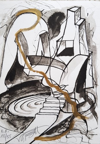 Wolf Vostell "Stairway to Heaven", 1995 Siebdruck handkoloriert signiert. FLUXUS