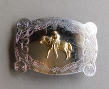 Western Style Belt Buckle: Cowboy on Horse- Gold  Silver tones / Nickel Silver