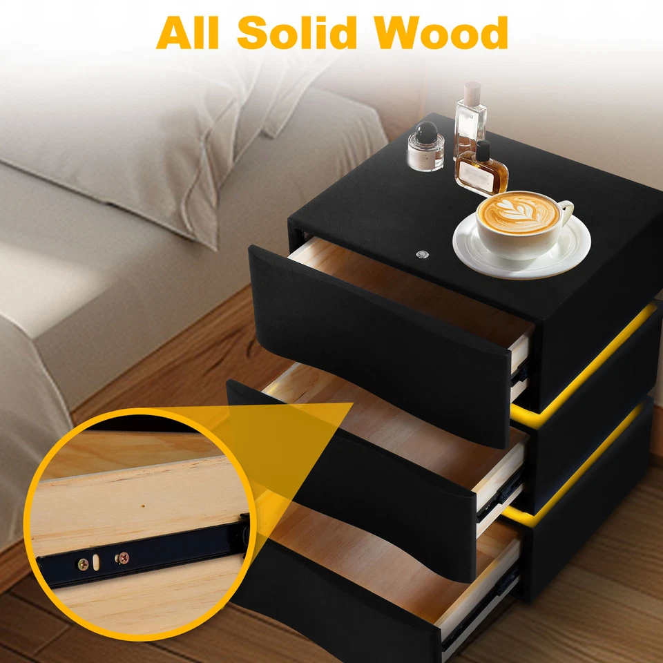 Modern Solid & Leather Wood Nightstand with LED Light Strip 2/3 Drawer Furniture - Image 3 of 4