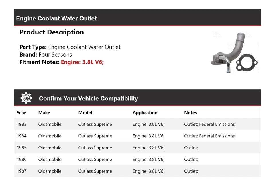 For 1983-1987 Oldsmobile Cutlass Supreme Engine Coolant Water Outlet 4 Seasons - Image 2 of 4