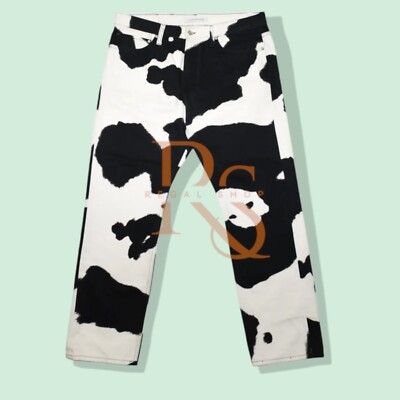 Men s Cow Print Skinny Jeans Black White High Waist Western Streetwear Y2K Pants