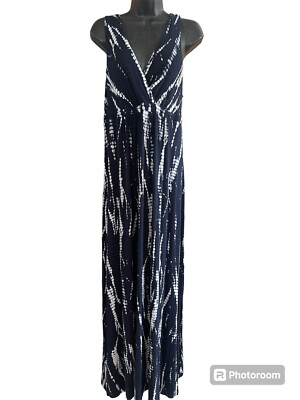Matty M Maxi Dress Navy White jersey Knit Tie Dye Stripe Womans Size L 