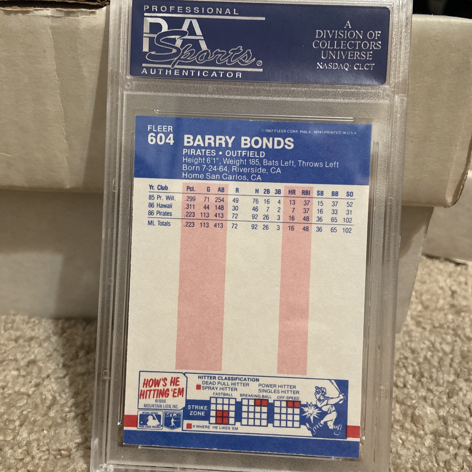 1987 Fleer Barry Bonds PSA 9 Rookie RC Pirates #604 view 2