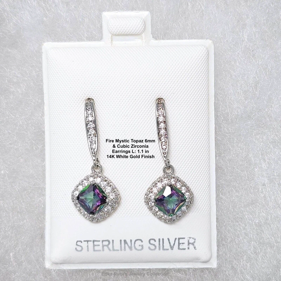 Pendientes de circonita cúbica de topacio místico fuego corte cojín de 4 quilates acabado de oro blanco de 14 quilates de 1 pulgada, plata Foto 3 de 4