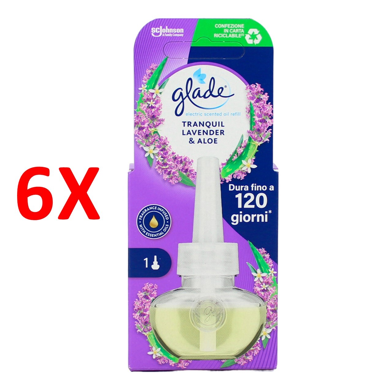 6 X Glade Electric Essential Oil Ricarica Liquida Tranquil Lavender & Aloe 20 M