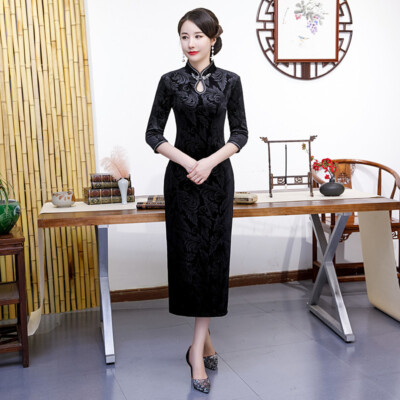 Chinese Traditional Velvet Cheongsam Women Black Velour Qipao Dress Evening Gown | eBay Chinese Traditional Velvet Cheongsam Women Black Velour Qipao Dress Evening Gown | eBay