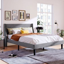 Double Bed 4ft6 Upholstered Platform Bed Frame with Solid Wood Slat Support Grey