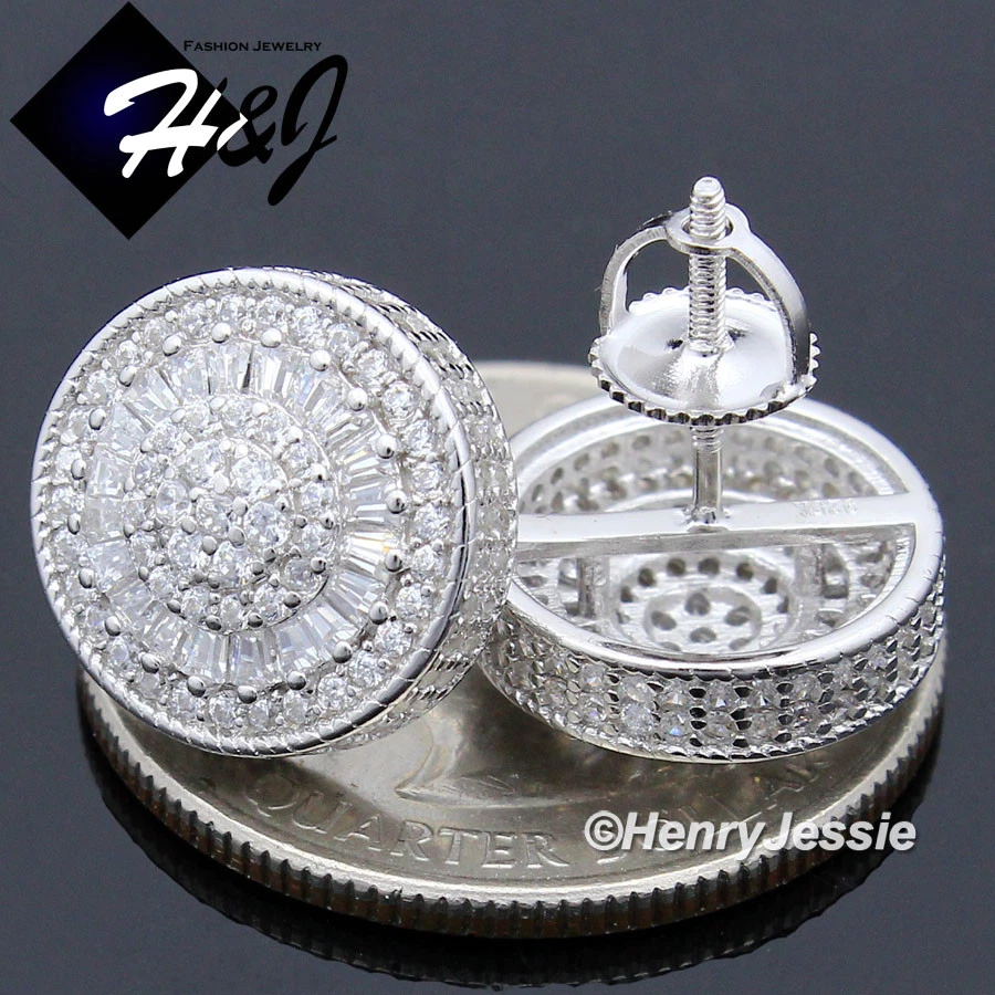 男式 925 纯银 13 毫米 ICY BLING CZ 圆形 3D SCREW 背面耳钉*E178 — 第 2/3 张图片