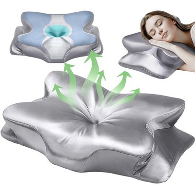 Orthopädisch Nackenstützkissen Memory Foam Silbergrau Satin Ergonomisches Design
