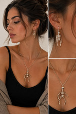 Halloween Skeleton Necklace Dangle Earrings Set Gold Tone 2pc