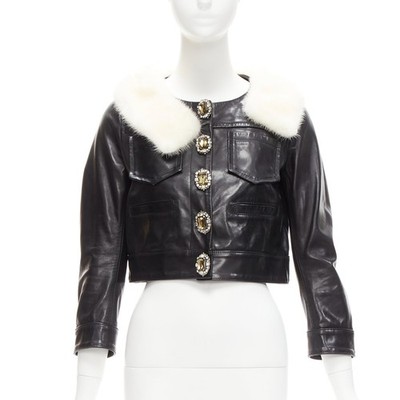 rare DSQUARED2 asymmetric fur collar jewel button cropped leather jacket IT40 S