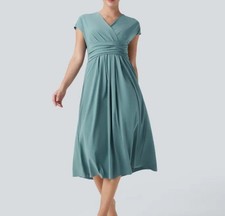 Halara Breezeful V Neck Dress Women's 2XL Stone Blue Pockets Tie Back Quick Dry