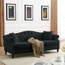 3-Seat Chesterfield Black Velvet Sofa with Rolled Arms &Nailhead for Living Room