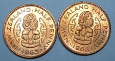 1963 NOUVELLE ZÉLANDE TIKI 1/2 PENNIES LOT 2 PIÈCES UNC #577-137