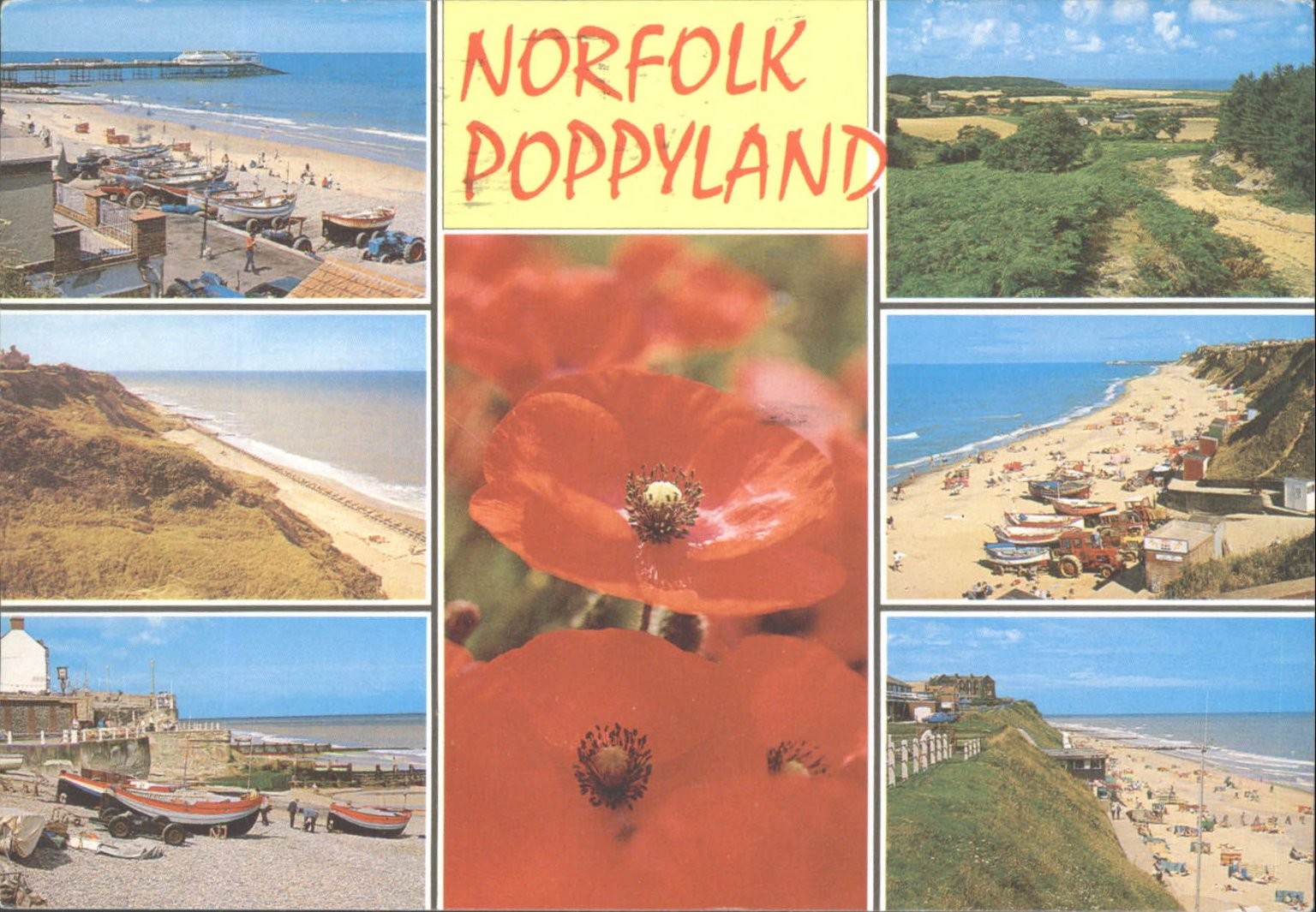 Vintage NORFOLK POPPYLAND Postcard - Cromer Pier, Beaches, Poppies 1996