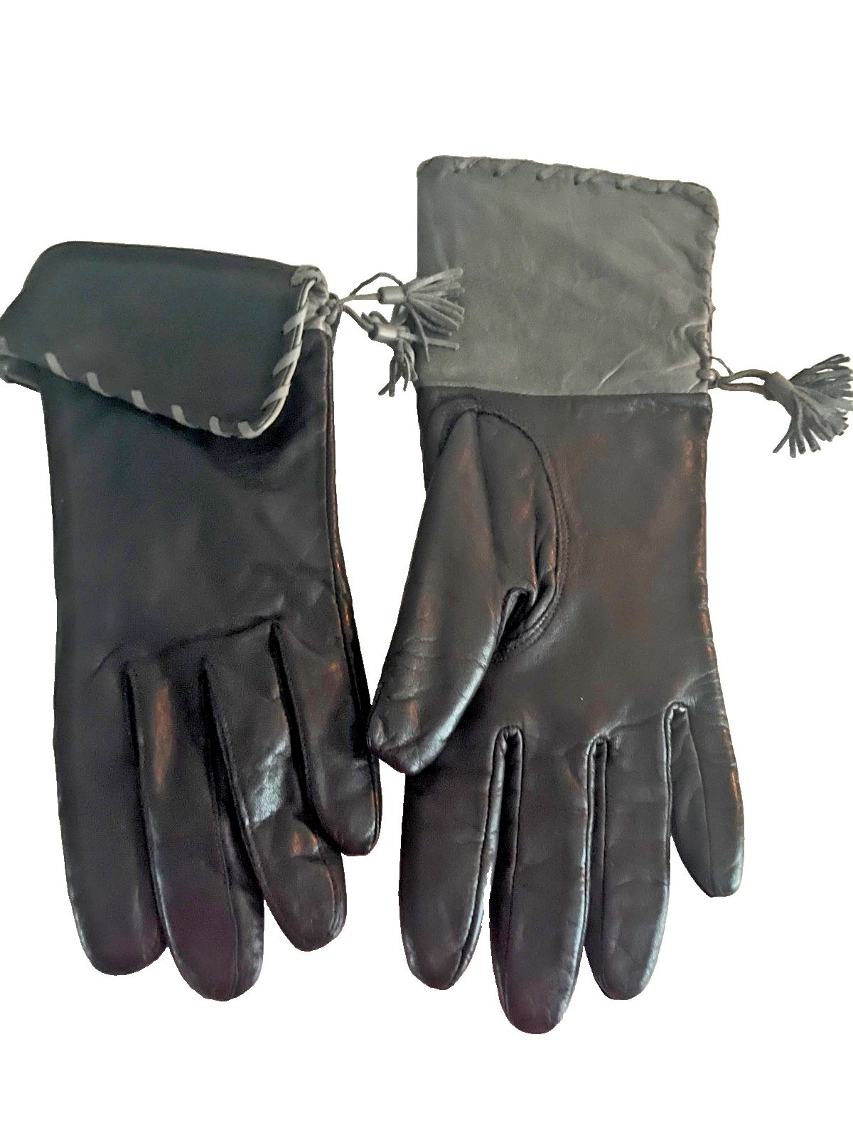 Black Leather Gloves Women's Size 8 Gray Cuff Tussel Trim Soft Chic Classy