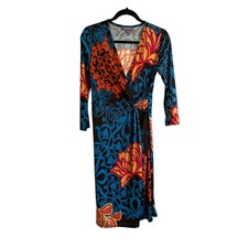 Vivienne Vivienne Tam Women's 3/4 Sleeve Faux Wrap Dress Size S Blue Black
