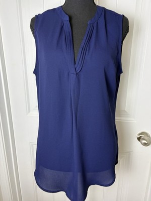 New York & Company Blue Chiffon Pleated V-Neck Sleeveless Blouse M VN 130001