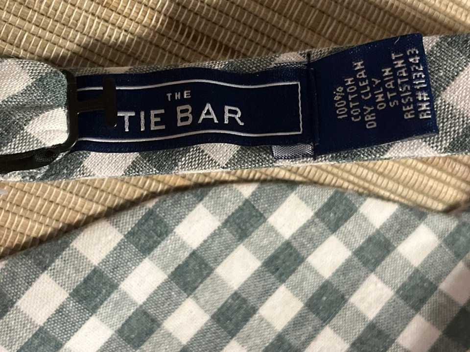 Pajarita con barra de corbata verde blanca a cuadros 100 % algodón para hombre corbata ajustable preppy Foto 3 de 4