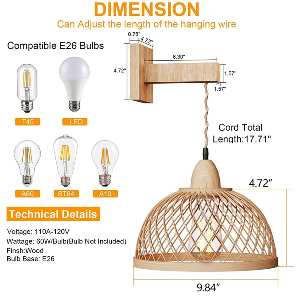 2 Piezas Apliques de Pared Lámpara de Mimbre Cordón Tejido a Mano Ratán Lámpara de Pared Farmhou... Foto 4 de 4