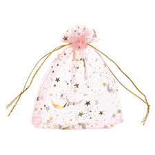 100 Pcs Organza Bag 3.5"x5" Sheer Moon Star Mesh Bags Drawstring Pink-Gold