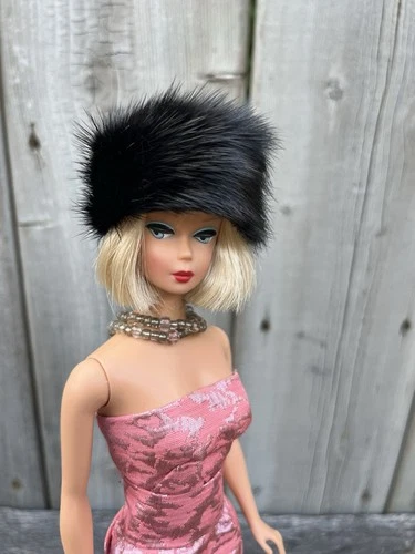 SALE~Jet Black Mink Fur Hat4Vintage Fashion Queen&American Girl Barbie~dimitha