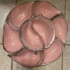 Vintage California Original Pottery Chip And Dip 725 Pink Leaf With Gold Read