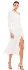 Mac Duggal Dress Size 6 White Long Sleeve Jeweled Dress Drop Shoulder 26485