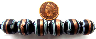6 Super Fancy Black  Antique  African Lamp Trade Beads READ DESCRIPTION TT804