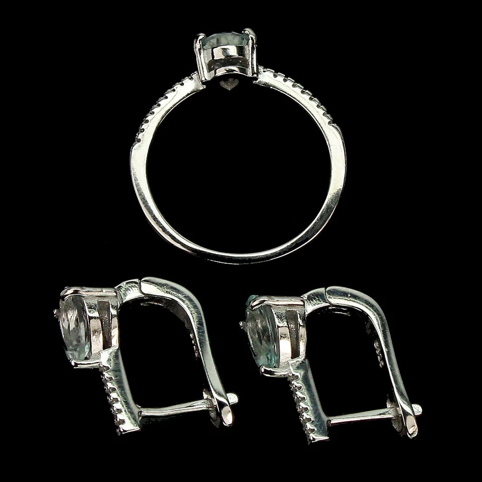 925 Argento Sterling Ovale Acquamarina 8x6mm Gemma Pietra Naturale Gioielli Set - Immagine 3 di 4