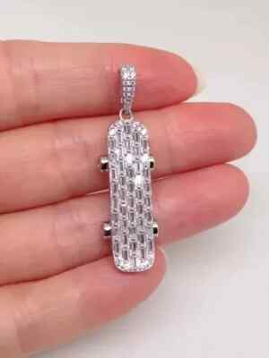 2Ct Baguette Cut Lab Created Diamond Skateboard Pendant 14K White Gold Plated