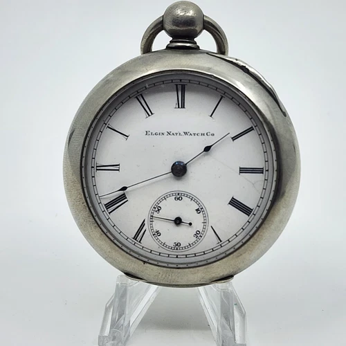 1888 Elgin 7J 18s Grade 97 Open Face, Key Wind Pocket Watch Silveroid Runs!