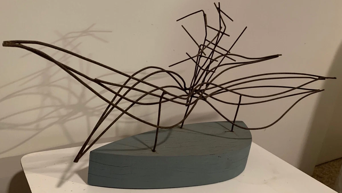 Vintage Abstract Wire Wood Sculpture Mid Century Modern MCM Metal Art 60s 70s