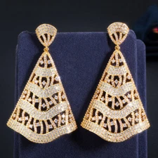 Luxurious Yellow Gold Plated CZ Bridal Party Long Heavy Hollow Out Drop Earrings