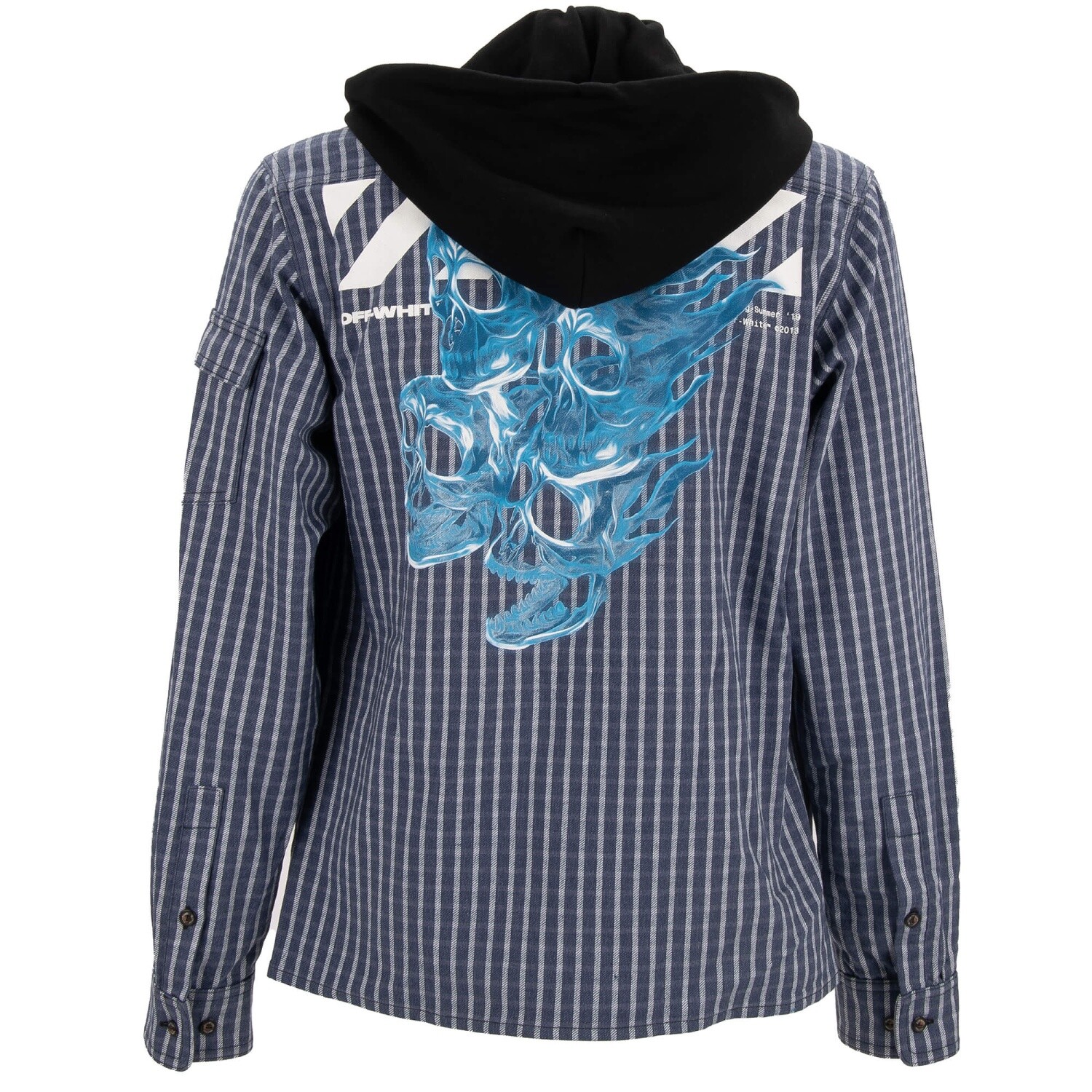 БЕЛОСНЕЖНАЯ полосатая куртка-рубашка на молнии от Virgil Abloh с логотипом Hoodie Skull синего цвета M
