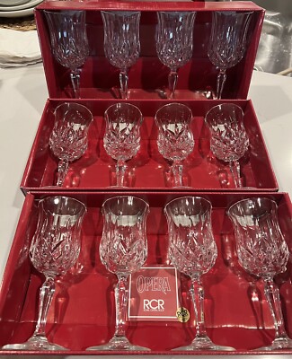 RCR Royal Crystal Rock Opera Cordial Glasses (12) 5  1/4 '' & Creamer/Sugar