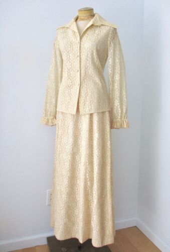 Vtg 60s 70s Mod Ivory Flower Power Lace 2-Pc Maxi Skirt Jacket Evening Suit 34 - Picture 2 of 12
