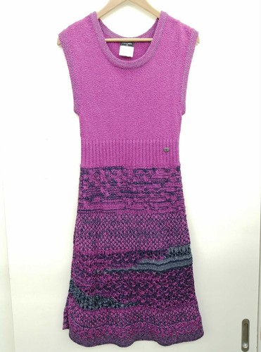 CHANEL Sleeveless Knit Dress Purple Coco Mark Logo Button Accent Size 38 Italy - Picture 2 of 8