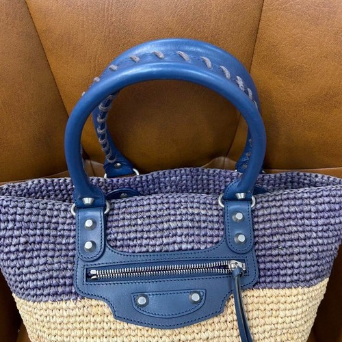 Borsa a mano Balenciaga Panier XS 466498 viola beige rafia 757 - Foto 4 di 13