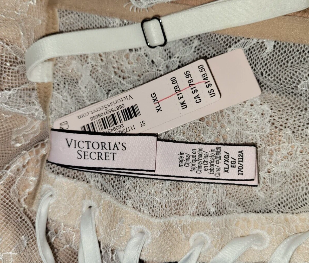 UNDERCOVER Abito Victoria Secret nuovo con etichette XL nudo pizzo corsetto schiena ciglia chemise slip