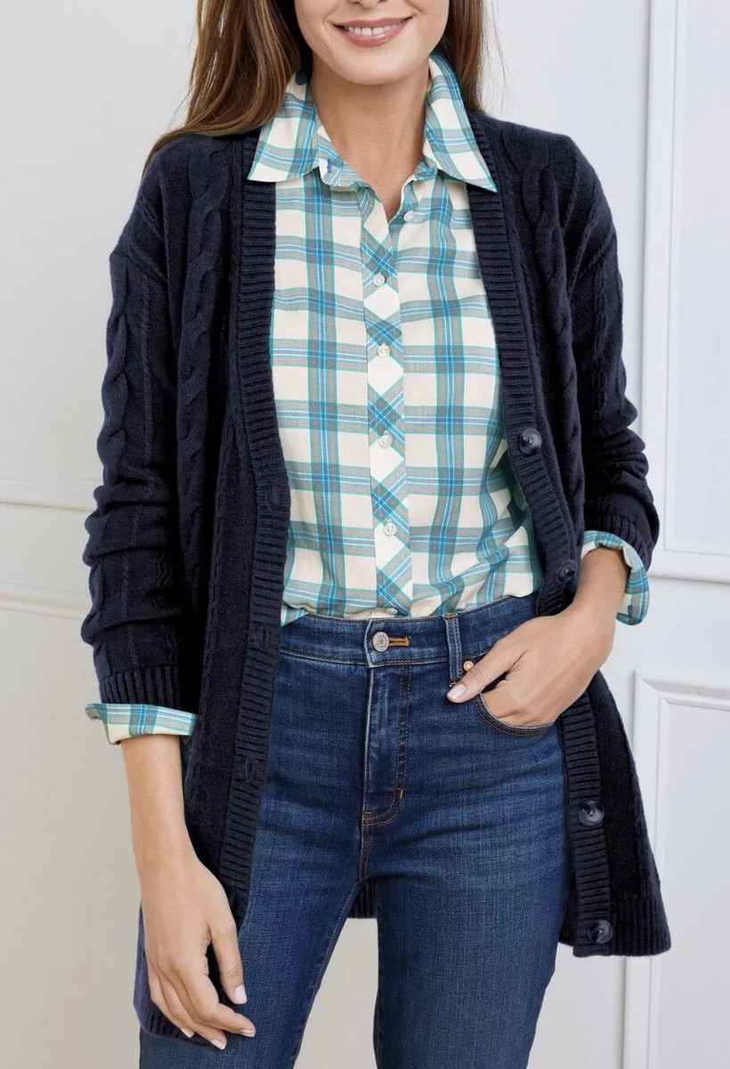 Talbots $129 Indigo Blue Cable Knit V Neck Acrylic Blend Cardigan