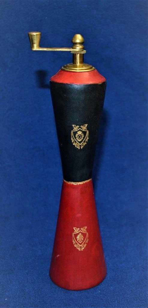 Vtg Florence Italy Gold Embossed Black & Red Leather Wrapped Spice Mill Grinder