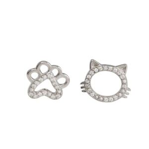 Sterling Silver 925 Rhodium Plated CZ Cat And Paw Stud Earrings - STE01260 - Click1Get2 Promotions